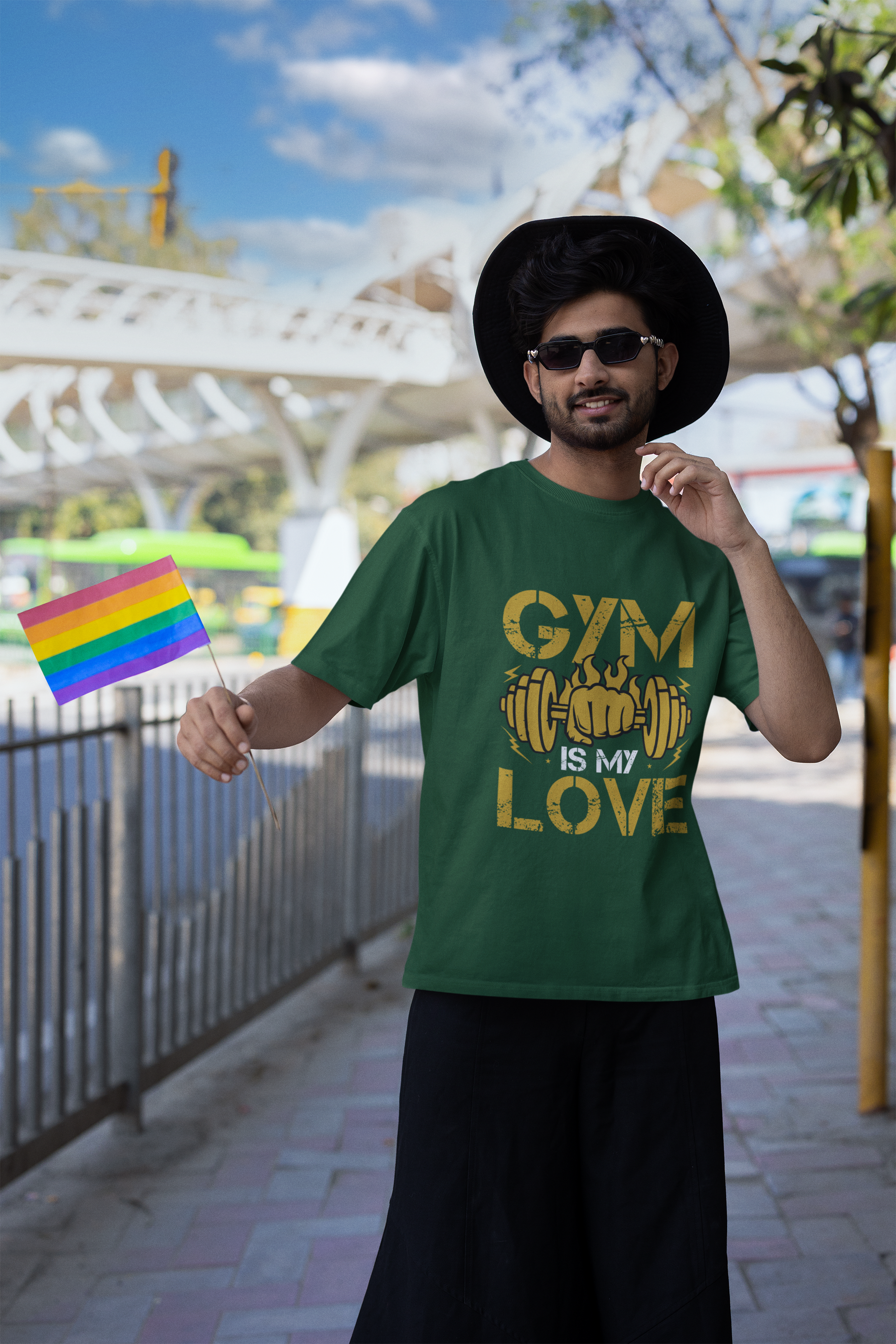 Gym Is My Love Fitness Graphic Unisex T-Shirt – Oversized 100% Cotton Workout Tee in Bottle Green