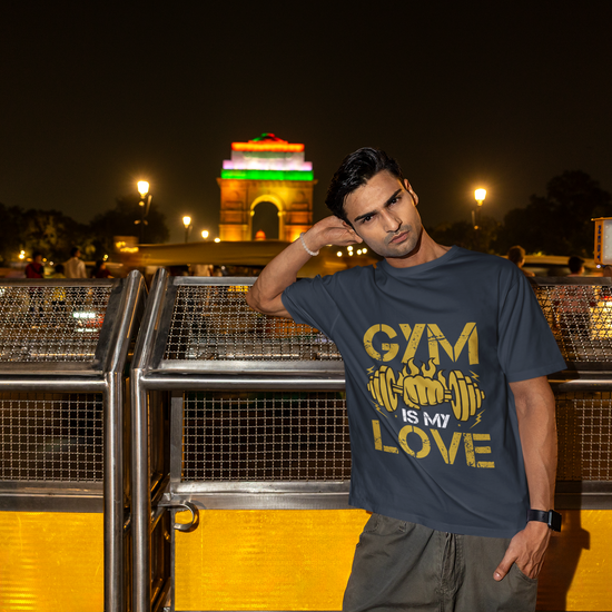 Gym Is My Love Fitness Graphic Unisex T-Shirt – Oversized 100% Cotton Workout Tee in Navy Blue