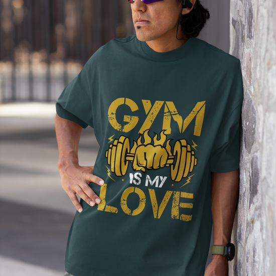 Gym Is My Love Fitness Graphic Unisex T-Shirt – Oversized 100% Cotton Workout Tee in Petrol Blue