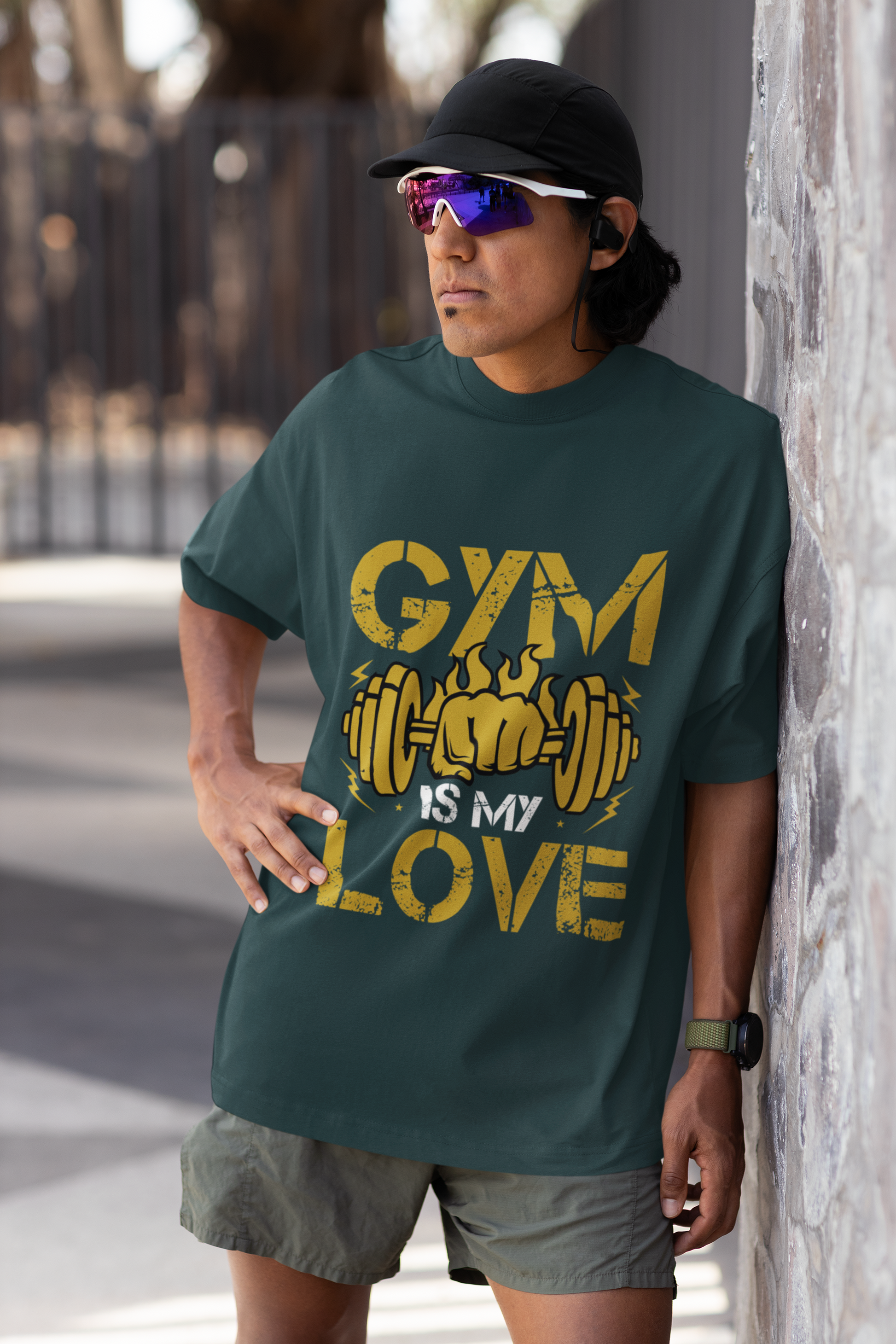 Gym Is My Love Fitness Graphic Unisex T-Shirt – Oversized 100% Cotton Workout Tee in Petrol Blue
