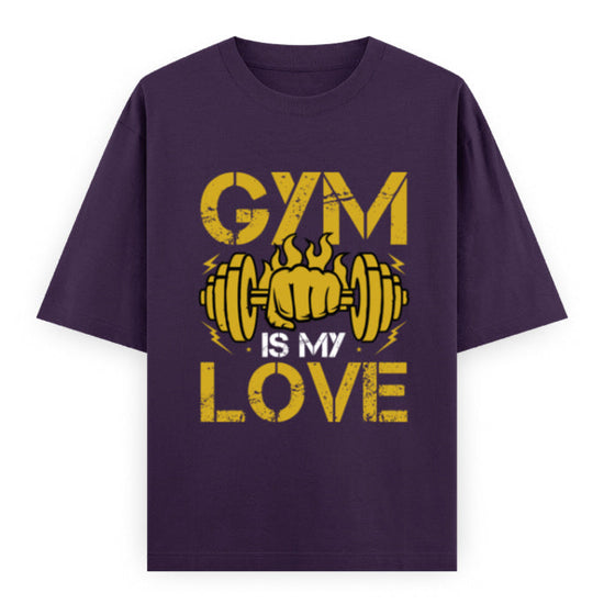 Gym Is My Love Fitness Graphic Unisex T-Shirt – Oversized 100% Cotton Workout Tee in Purple
