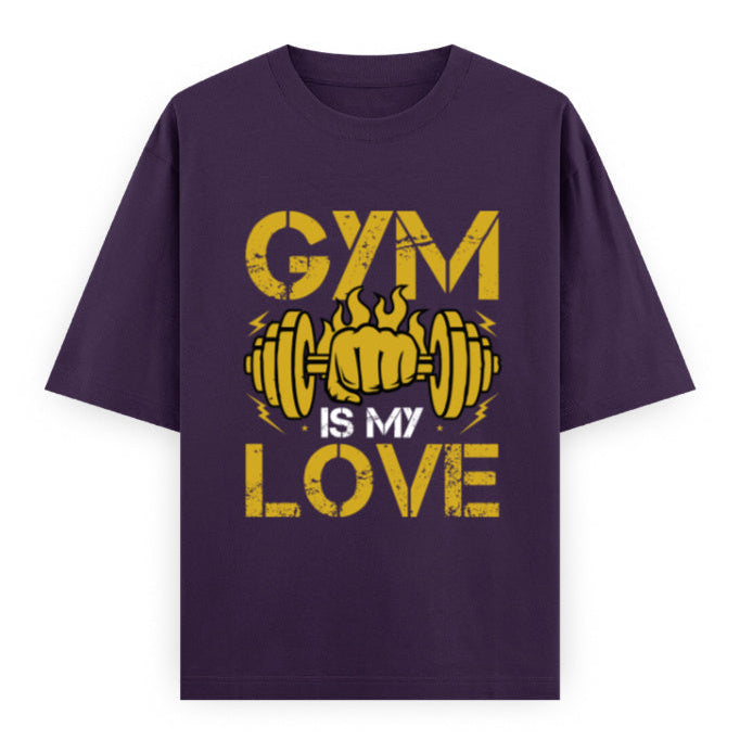 Gym Is My Love Fitness Graphic Unisex T-Shirt – Oversized 100% Cotton Workout Tee in Purple