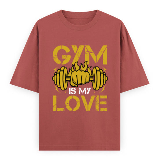 Gym Is My Love Fitness Graphic Unisex T-Shirt – Oversized 100% Cotton Workout Tee in Coral