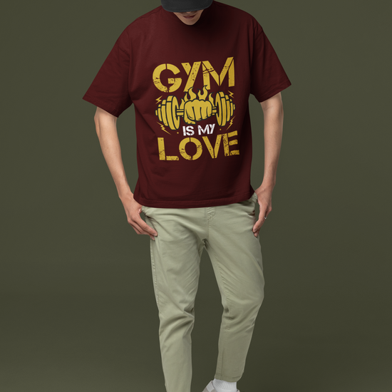 Gym Is My Love Fitness Graphic Unisex T-Shirt – Oversized 100% Cotton Workout Tee in Maroon
