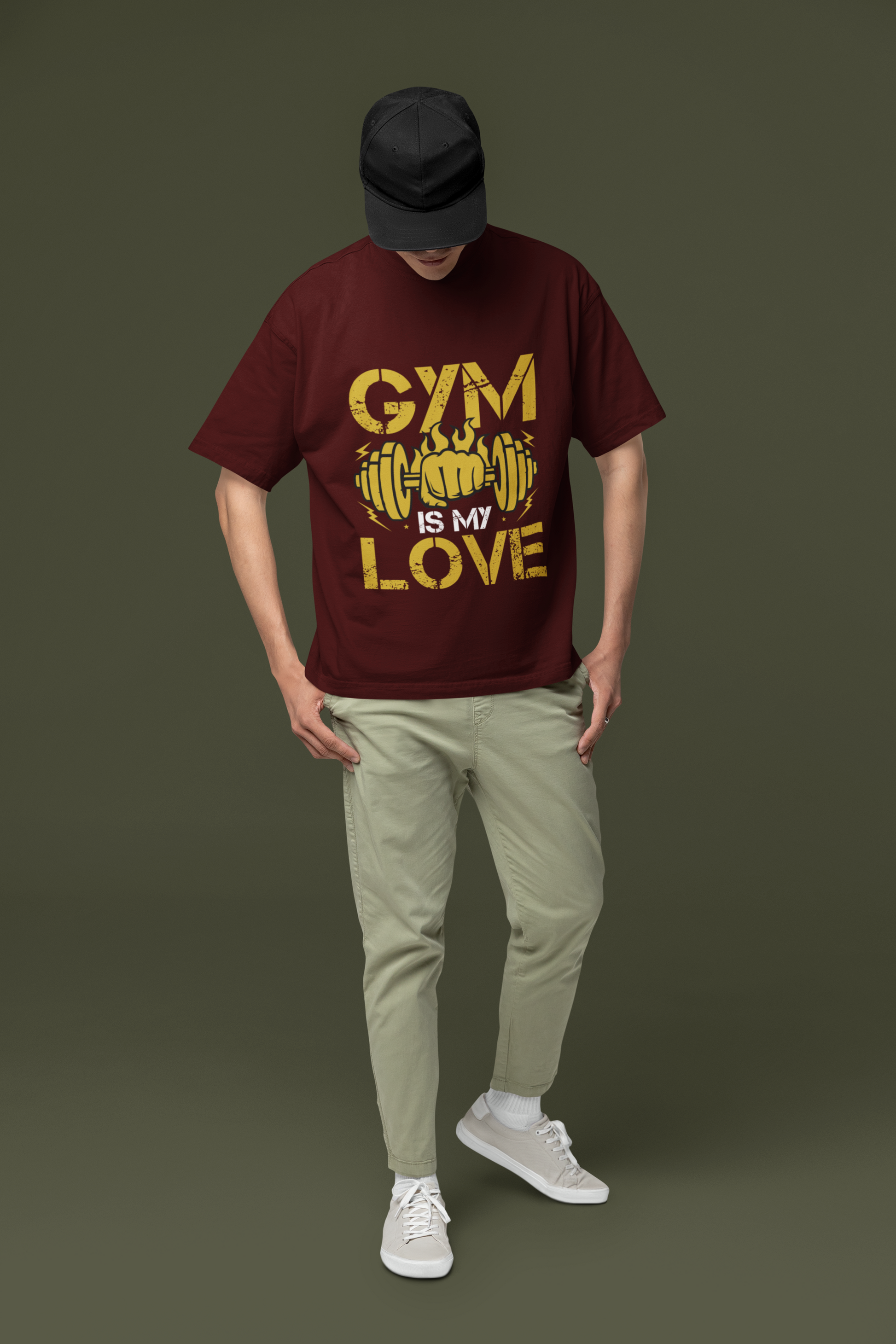 Gym Is My Love Fitness Graphic Unisex T-Shirt – Oversized 100% Cotton Workout Tee in Maroon