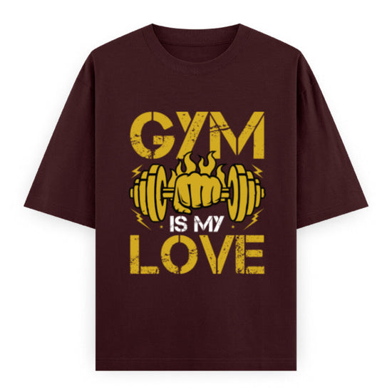 Gym Is My Love Fitness Graphic Unisex T-Shirt – Oversized 100% Cotton Workout Tee in Maroon