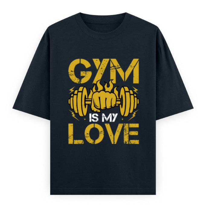 Gym Is My Love Fitness Graphic Unisex T-Shirt – Oversized 100% Cotton Workout Tee in Navy Blue
