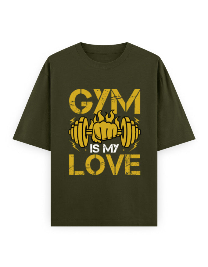 Gym Is My Love Fitness Graphic Unisex T-Shirt – Oversized 100% Cotton Workout Tee in Olive Green