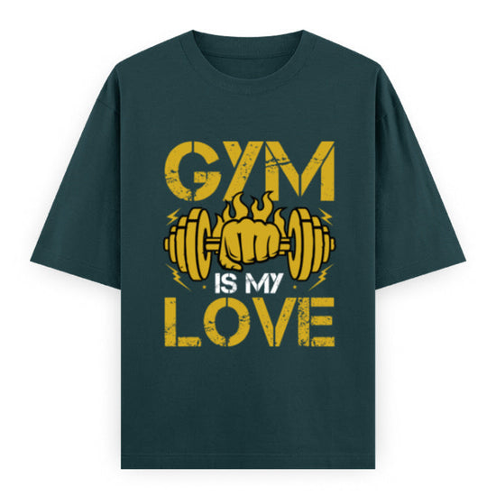 Gym Is My Love Fitness Graphic Unisex T-Shirt – Oversized 100% Cotton Workout Tee in Petrol Blue