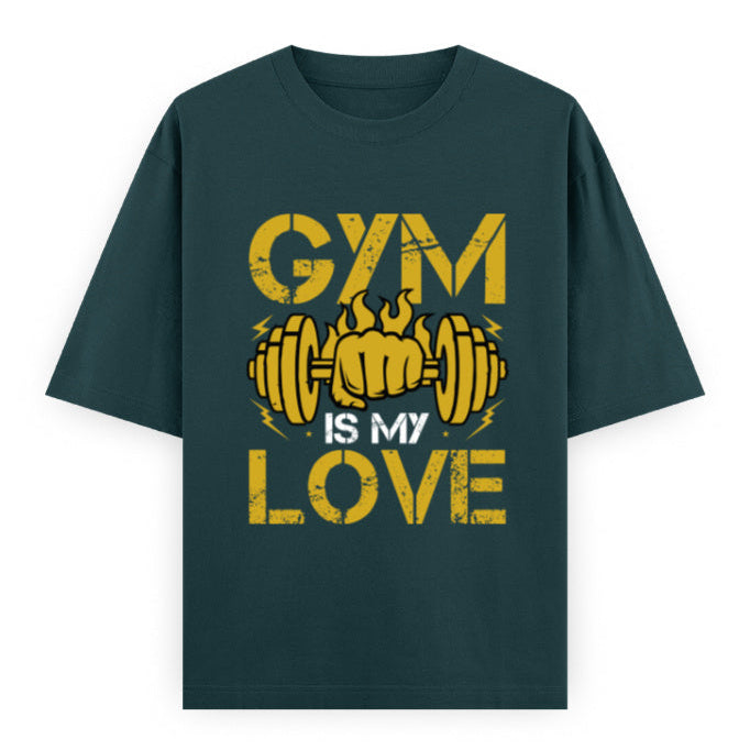 Gym Is My Love Fitness Graphic Unisex T-Shirt – Oversized 100% Cotton Workout Tee in Petrol Blue