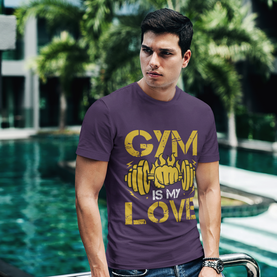 Gym Is My Love Fitness Graphic Unisex T-Shirt – Oversized 100% Cotton Workout Tee in Purple
