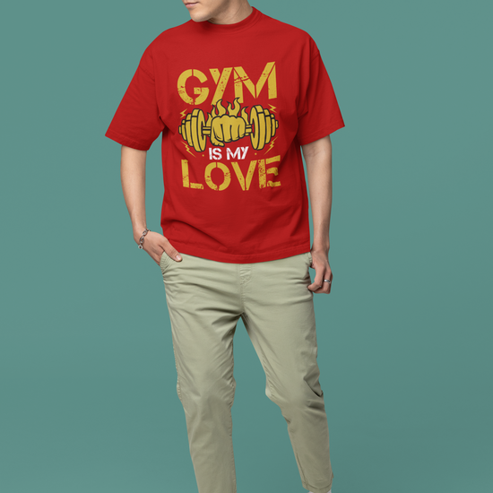 Gym Is My Love Fitness Graphic Unisex T-Shirt – Oversized 100% Cotton Workout Tee in Red