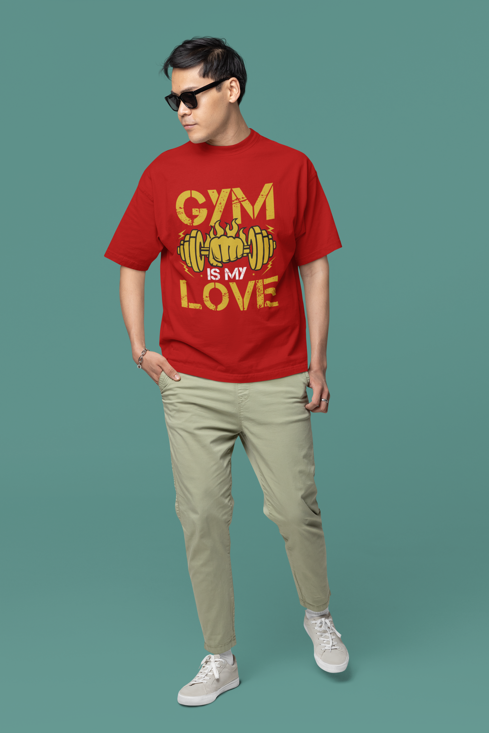 Gym Is My Love Fitness Graphic Unisex T-Shirt – Oversized 100% Cotton Workout Tee in Red