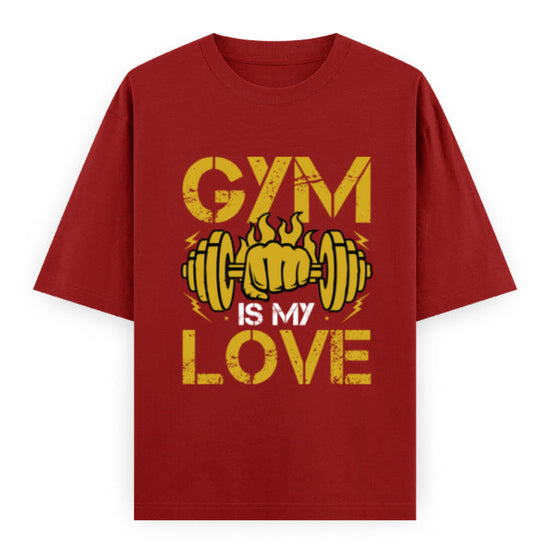 Gym Is My Love Fitness Graphic Unisex T-Shirt – Oversized 100% Cotton Workout Tee in Red