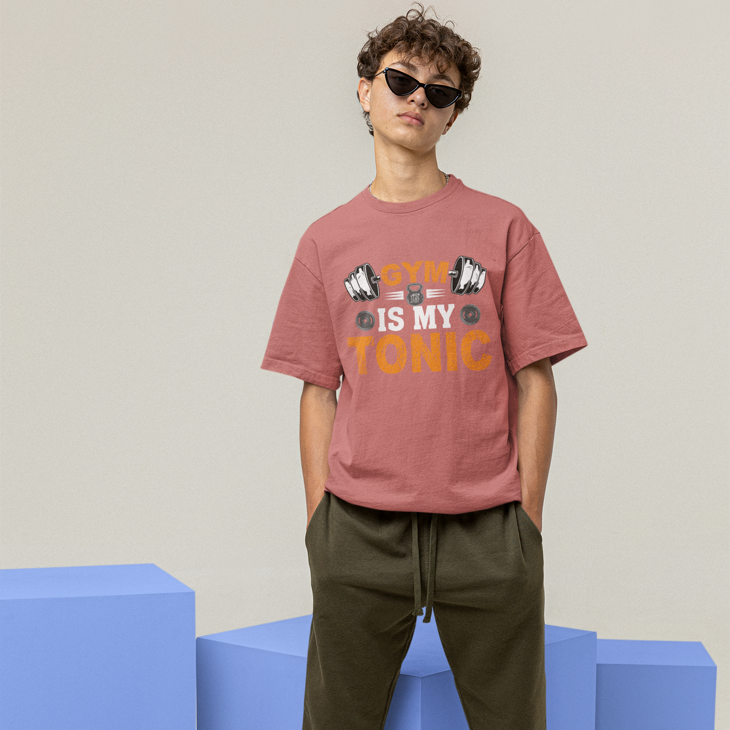 Gym Is My Tonic Fitness Graphic Unisex T-Shirt – Oversized 100% Cotton Tee Shirt in Coral