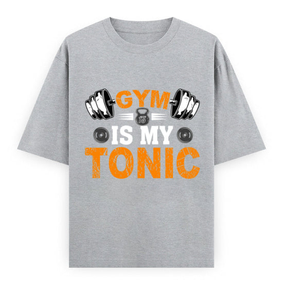 Gym Is My Tonic Fitness Graphic Unisex T-Shirt – Oversized 100% Cotton Tee Shirt in Grey Melange