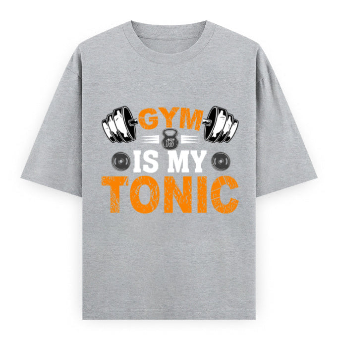 Gym Is My Tonic Fitness Graphic Unisex T-Shirt – Oversized 100% Cotton Tee Shirt in Grey Melange
