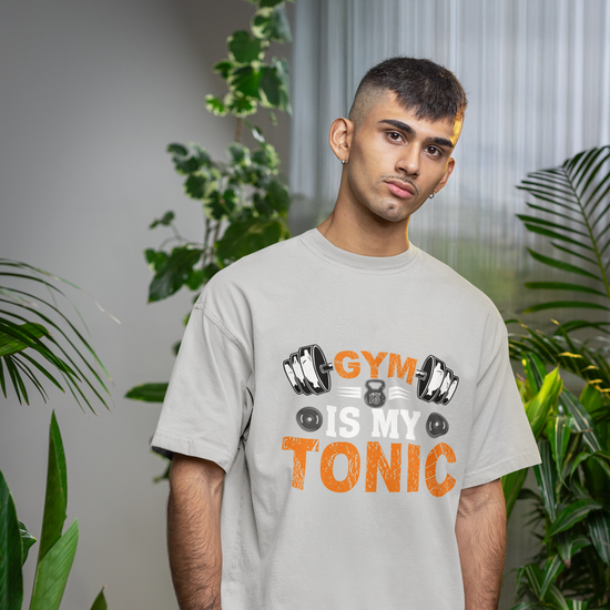 Gym Is My Tonic Fitness Graphic Unisex T-Shirt – Oversized 100% Cotton Tee Shirt in Grey Melange