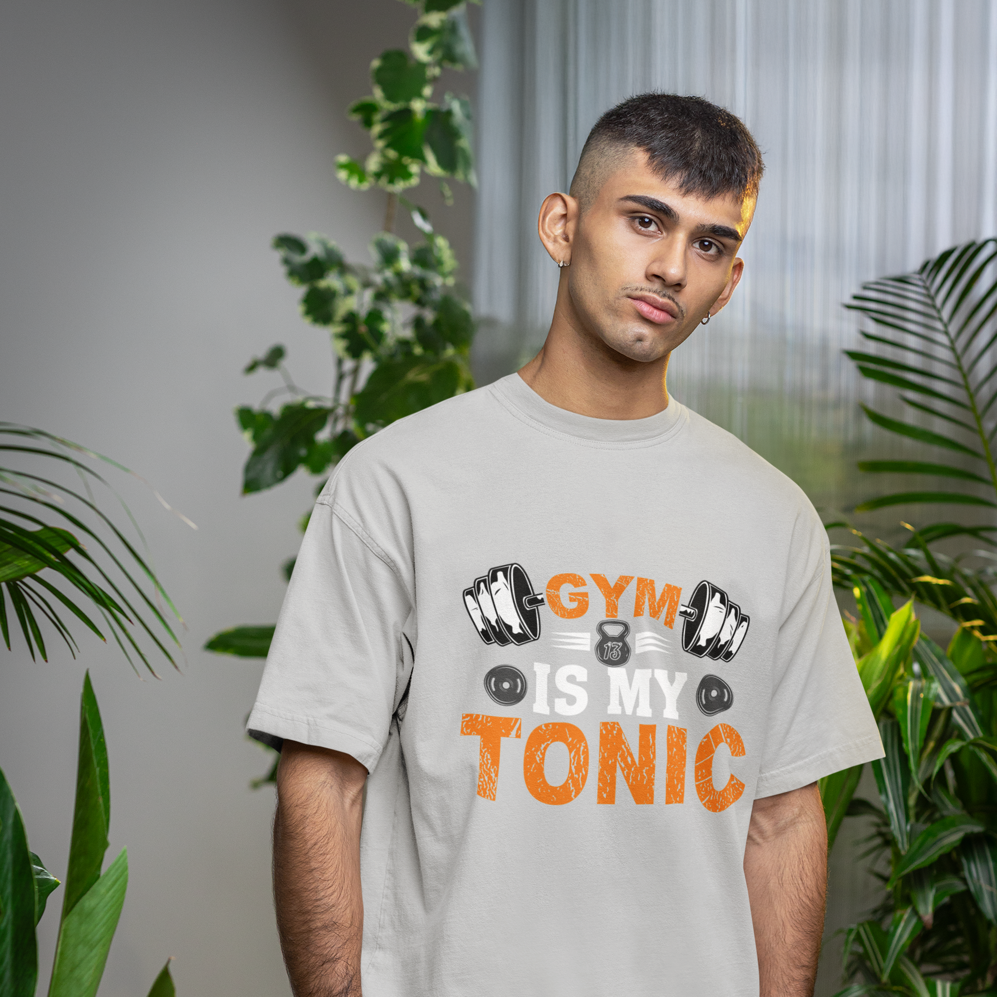 Gym Is My Tonic Fitness Graphic Unisex T-Shirt – Oversized 100% Cotton Tee Shirt in Grey Melange