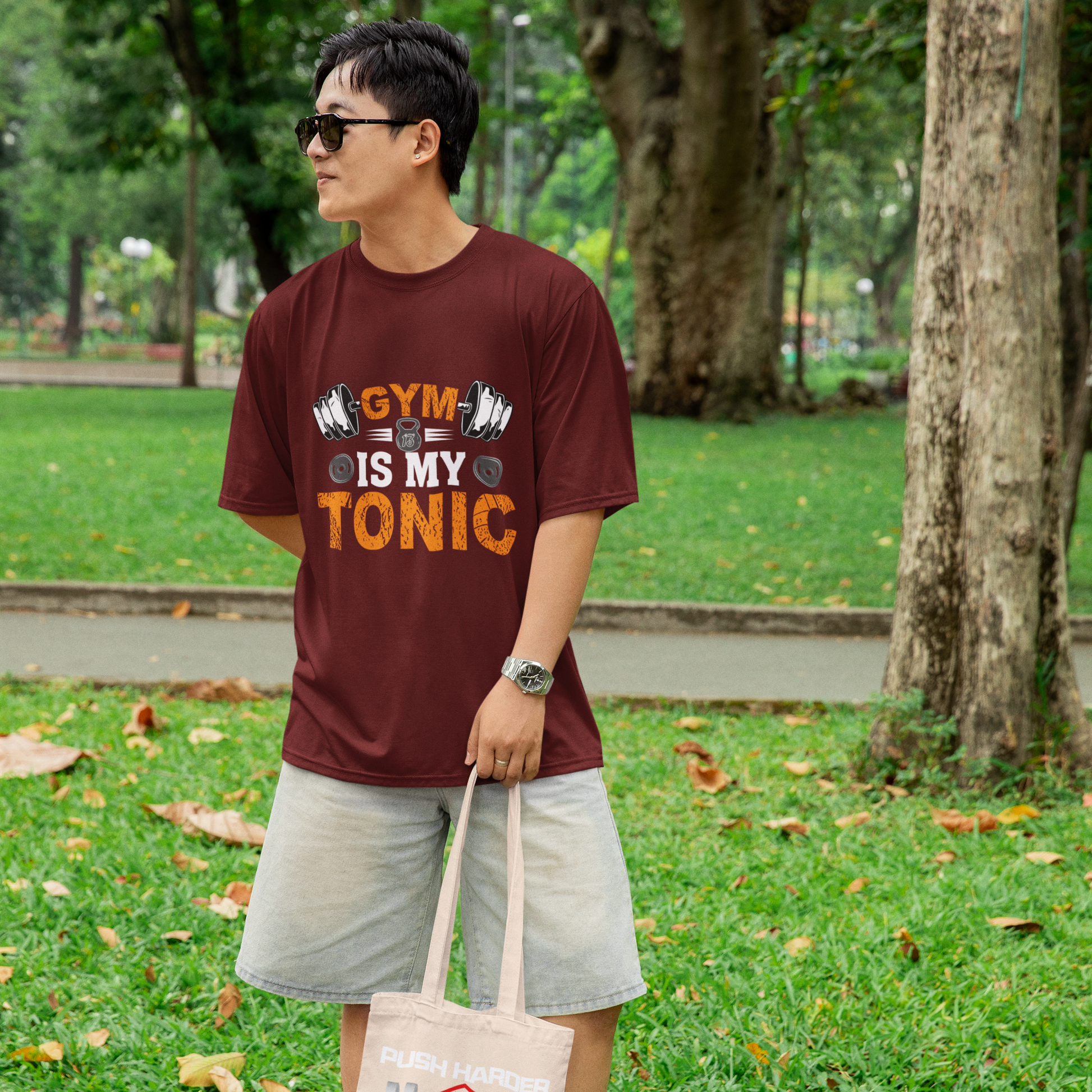 Gym Is My Tonic Fitness Graphic Unisex T-Shirt – Oversized 100% Cotton Tee Shirt in Maroon