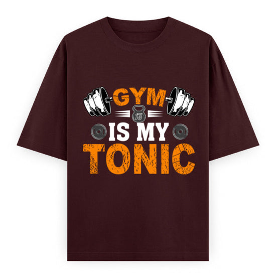 Gym Is My Tonic Fitness Graphic Unisex T-Shirt – Oversized 100% Cotton Tee Shirt in Maroon