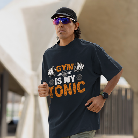 Gym Is My Tonic Fitness Graphic Unisex T-Shirt – Oversized 100% Cotton Tee Shirt in Navy Blue