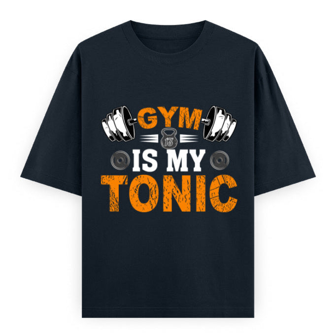 Gym Is My Tonic Fitness Graphic Unisex T-Shirt – Oversized 100% Cotton Tee Shirt in Navy Blue