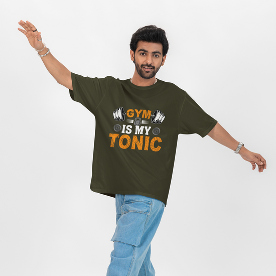 Gym Is My Tonic Fitness Graphic Unisex T-Shirt – Oversized 100% Cotton Tee Shirt in Olive Green
