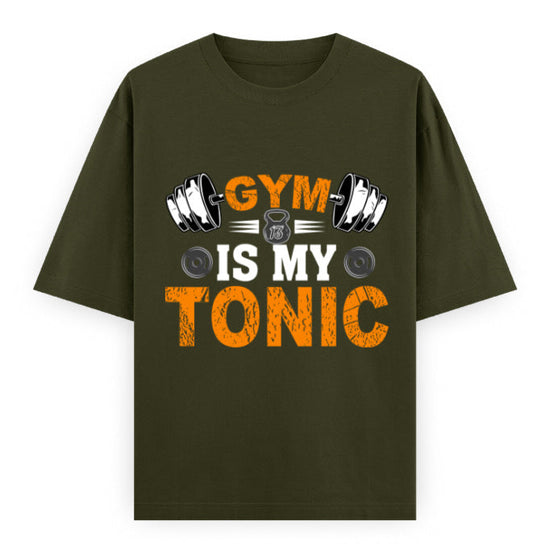 Gym Is My Tonic Fitness Graphic Unisex T-Shirt – Oversized 100% Cotton Tee Shirt in Olive Green
