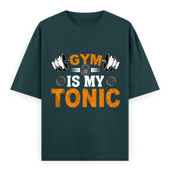 Gym Is My Tonic Fitness Graphic Unisex T-Shirt – Oversized 100% Cotton Tee Shirt in Petrol Blue