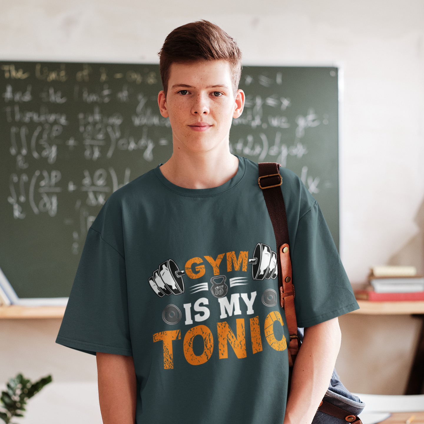 Gym Is My Tonic Fitness Graphic Unisex T-Shirt – Oversized 100% Cotton Tee Shirt in Petrol Blue