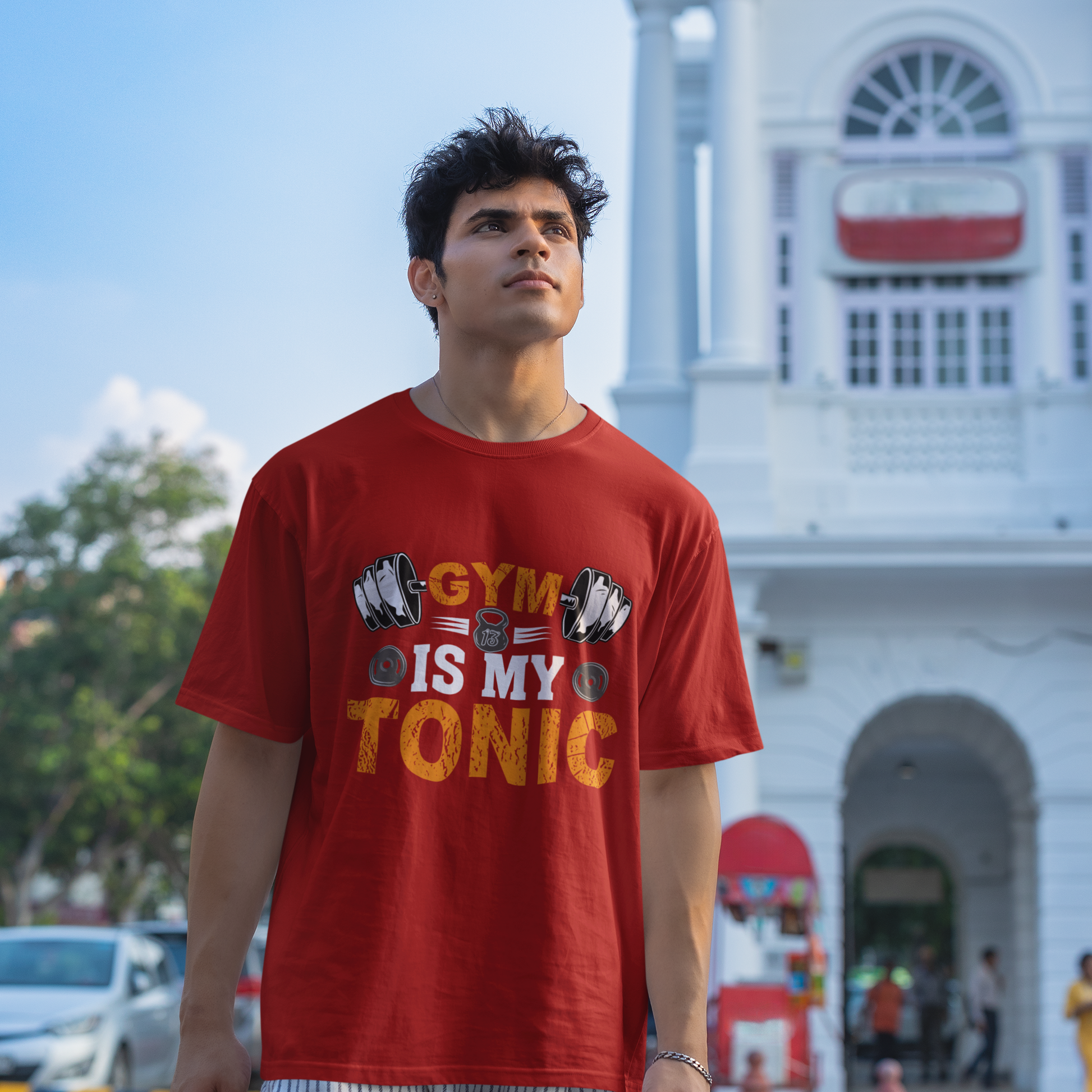 Gym Is My Tonic Fitness Graphic Unisex T-Shirt – Oversized 100% Cotton Tee Shirt in Red