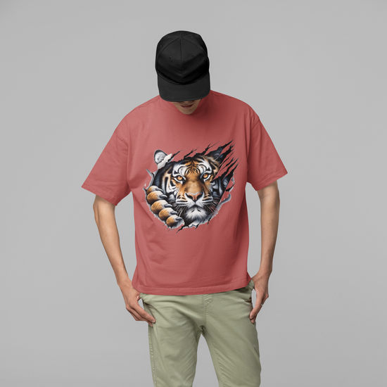 Kantara-Inspired Tiger Graphic Unisex Tee | Oversized 100% Cotton Classic T-Shirt Coral