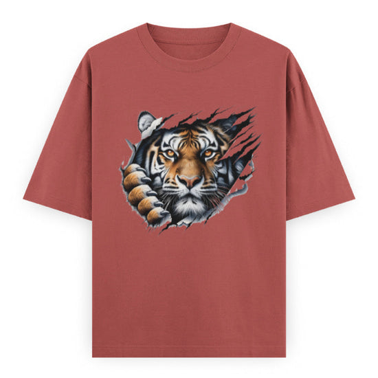 Kantara-Inspired Tiger Graphic Unisex Tee | Oversized 100% Cotton Classic T-Shirt Coral