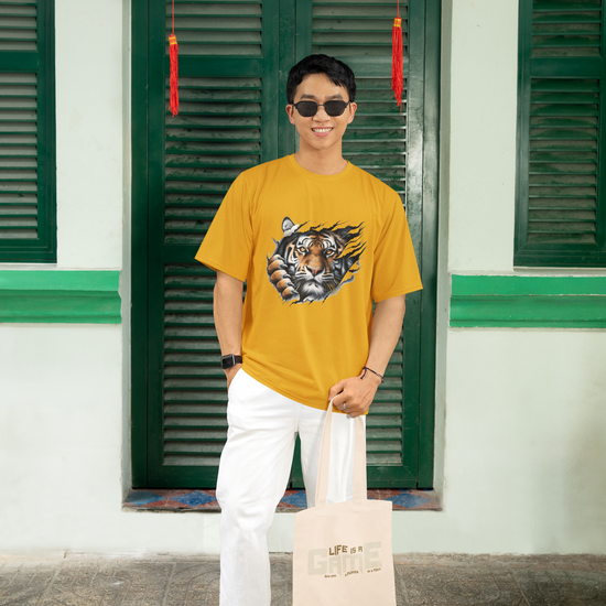 Kantara-Inspired Tiger Graphic Unisex Tee | Oversized 100% Cotton Classic T-Shirt Golden Yellow