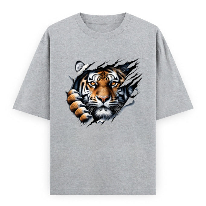 Kantara-Inspired Tiger Graphic Unisex Tee | Oversized 100% Cotton Classic T-Shirt Grey Melange