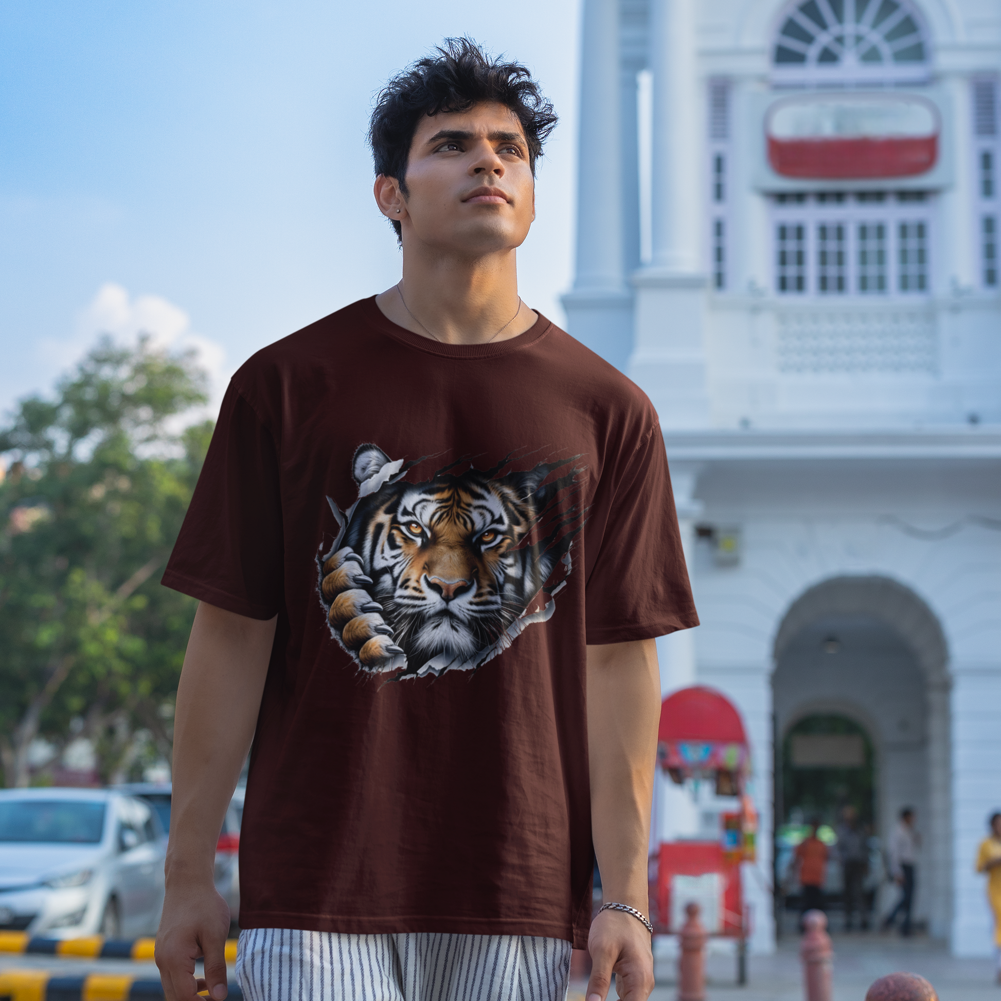 Kantara-Inspired Tiger Graphic Unisex Tee | Oversized 100% Cotton Classic T-Shirt Maroon