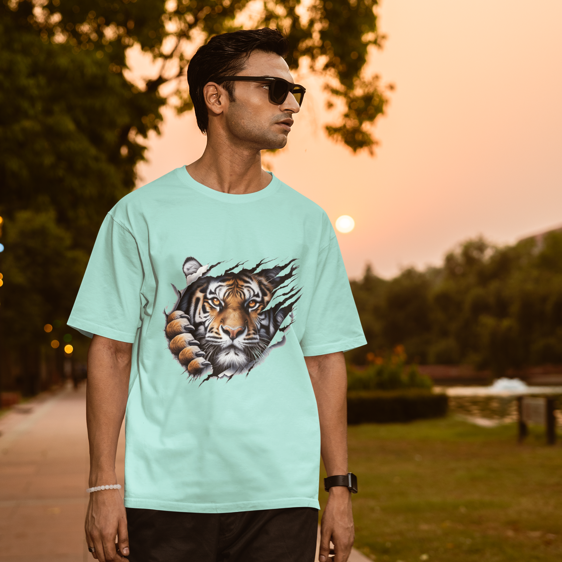 Kantara-Inspired Tiger Graphic Unisex Tee | Oversized 100% Cotton Classic T-Shirt Mint
