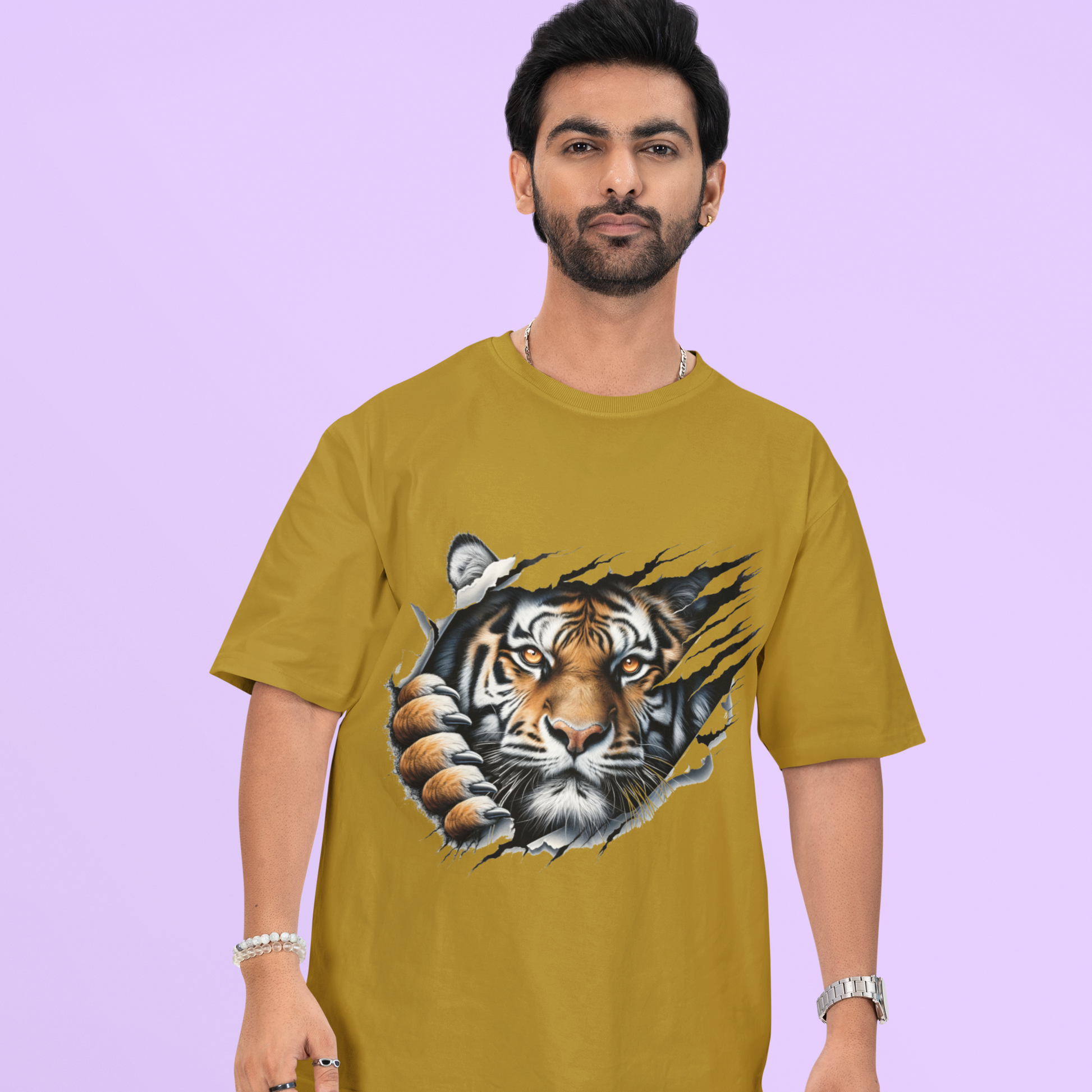 Kantara-Inspired Tiger Graphic Unisex Tee | Oversized 100% Cotton Classic T-Shirt Mustard Yellow