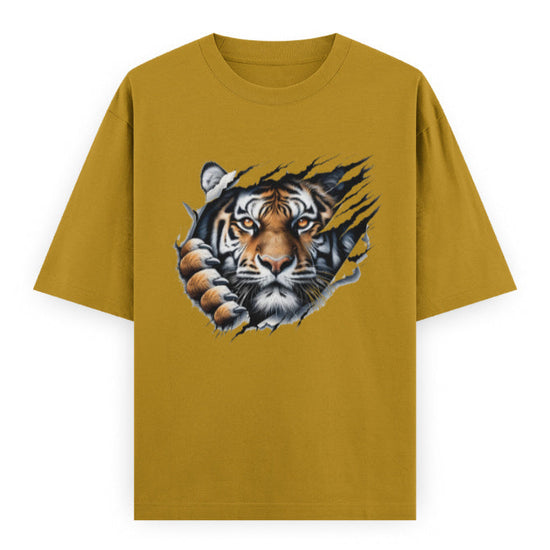 Kantara-Inspired Tiger Graphic Unisex Tee | Oversized 100% Cotton Classic T-Shirt Mustard Yellow
