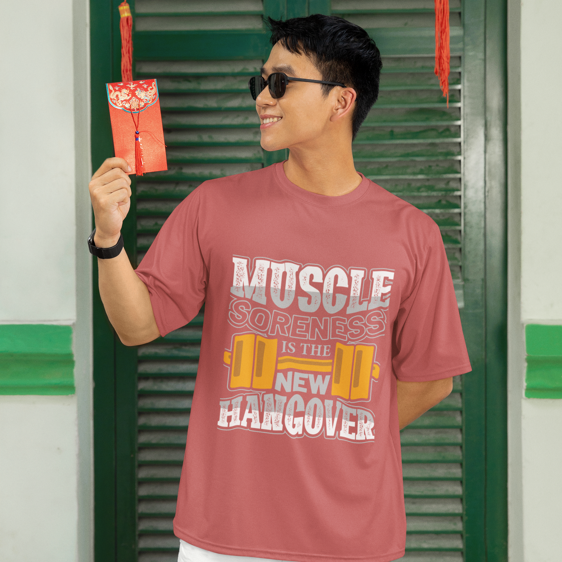 Muscle Soreness Is the New Hangover Fitness Graphic Unisex T-Shirt – Oversized 100% Cotton Workout Tee in Coral