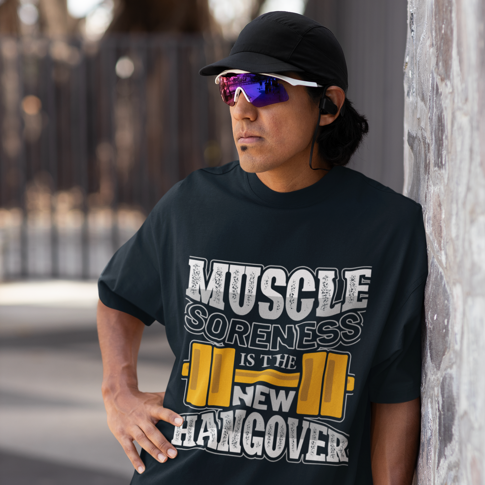 Muscle Soreness Is the New Hangover Fitness Graphic Unisex T-Shirt – Oversized 100% Cotton Workout Tee in Navy Blue