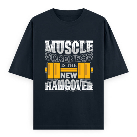Muscle Soreness Is the New Hangover Fitness Graphic Unisex T-Shirt – Oversized 100% Cotton Workout Tee in Navy Blue