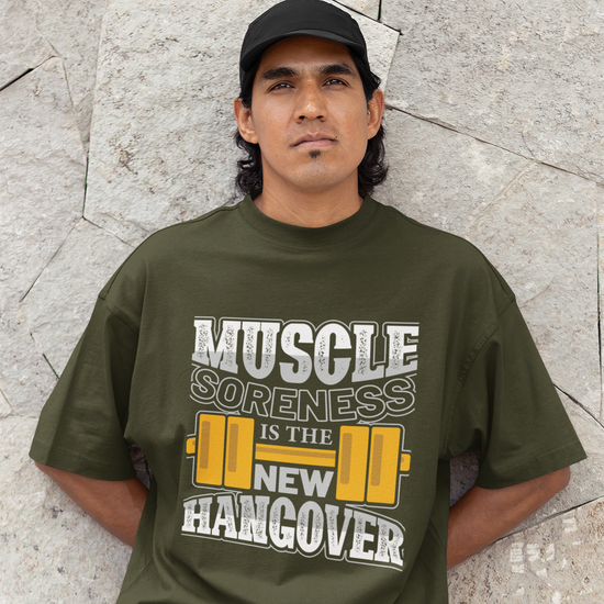 Muscle Soreness Is the New Hangover Fitness Graphic Unisex T-Shirt – Oversized 100% Cotton Workout Tee in Olive Green