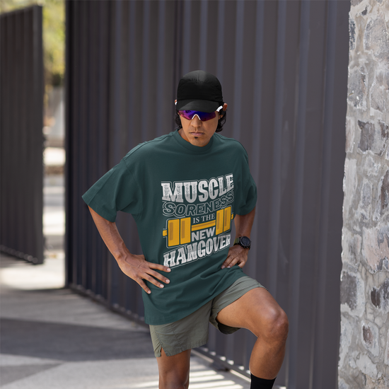 Muscle Soreness Is the New Hangover Fitness Graphic Unisex T-Shirt – Oversized 100% Cotton Workout Tee in Petrol Blue