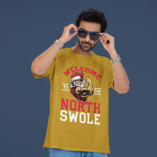 North Swole Santa Graphic Unisex T-Shirt – Oversized 100% Cotton Classic Tee in MustardYellow