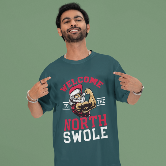 North_Swole_Santa_Graphic_Unisex_T-Shirt_Oversized_100_Cotton_Classic_Tee_in_Petrol Blue