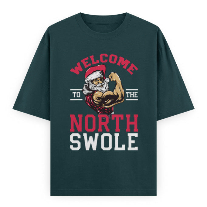 North_Swole_Santa_Graphic_Unisex_T-Shirt_Oversized_100_Cotton_Classic_Tee_in_Petrol Blue