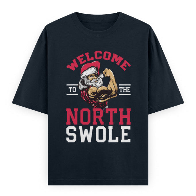 North Swole Santa Graphic Unisex T-Shirt – Oversized 100% Cotton Tee in Navy Blue