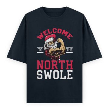 North Swole Santa Graphic Unisex T-Shirt – Oversized 100% Cotton Tee in Navy Blue